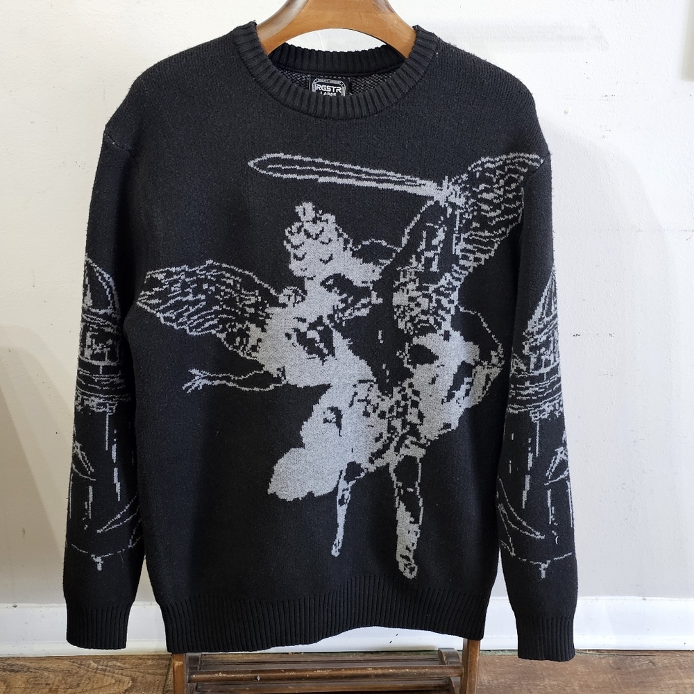 RGSTR Brand Cherub Cathedral Graphic Black Knit Crewneck Sweater Men's Large